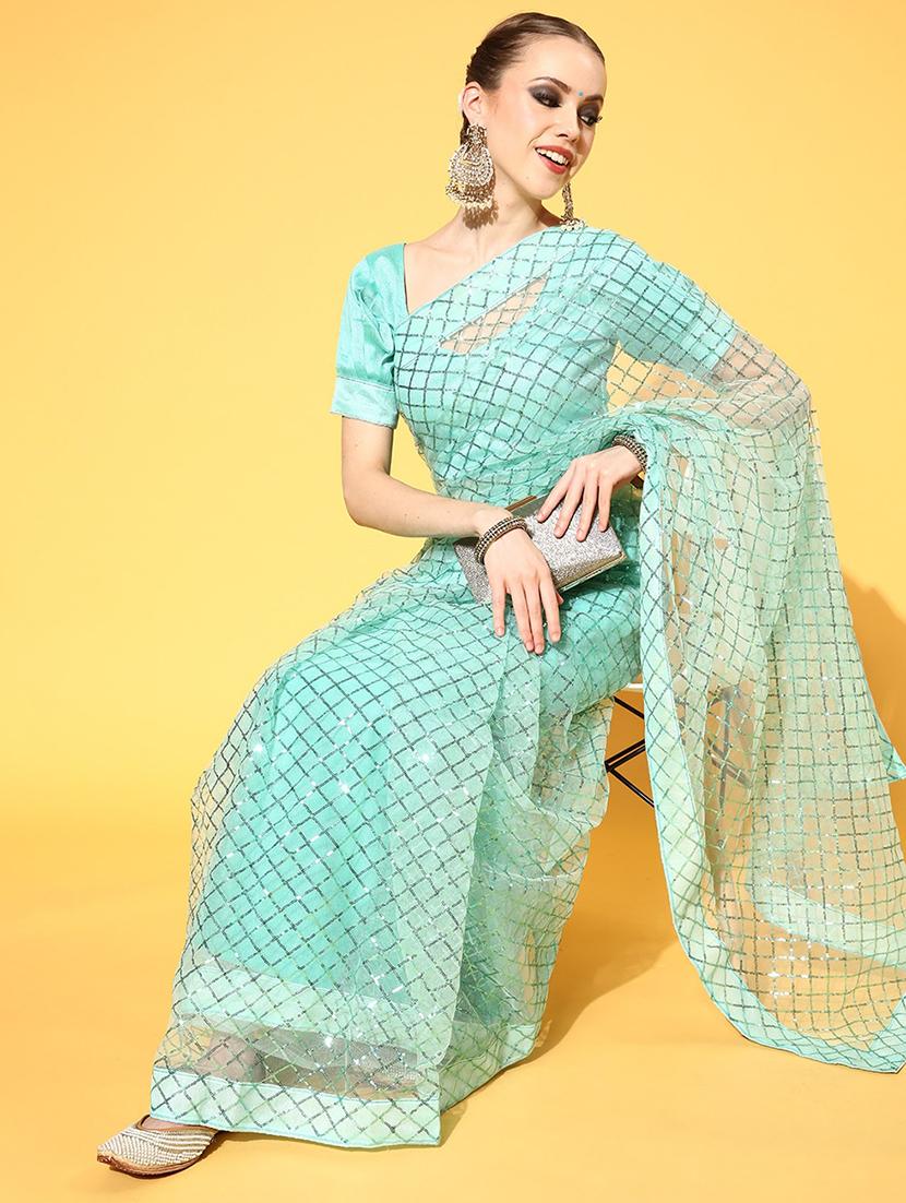 turquoise embellished saree with blouse - 20604282 -  Standard Image - 1