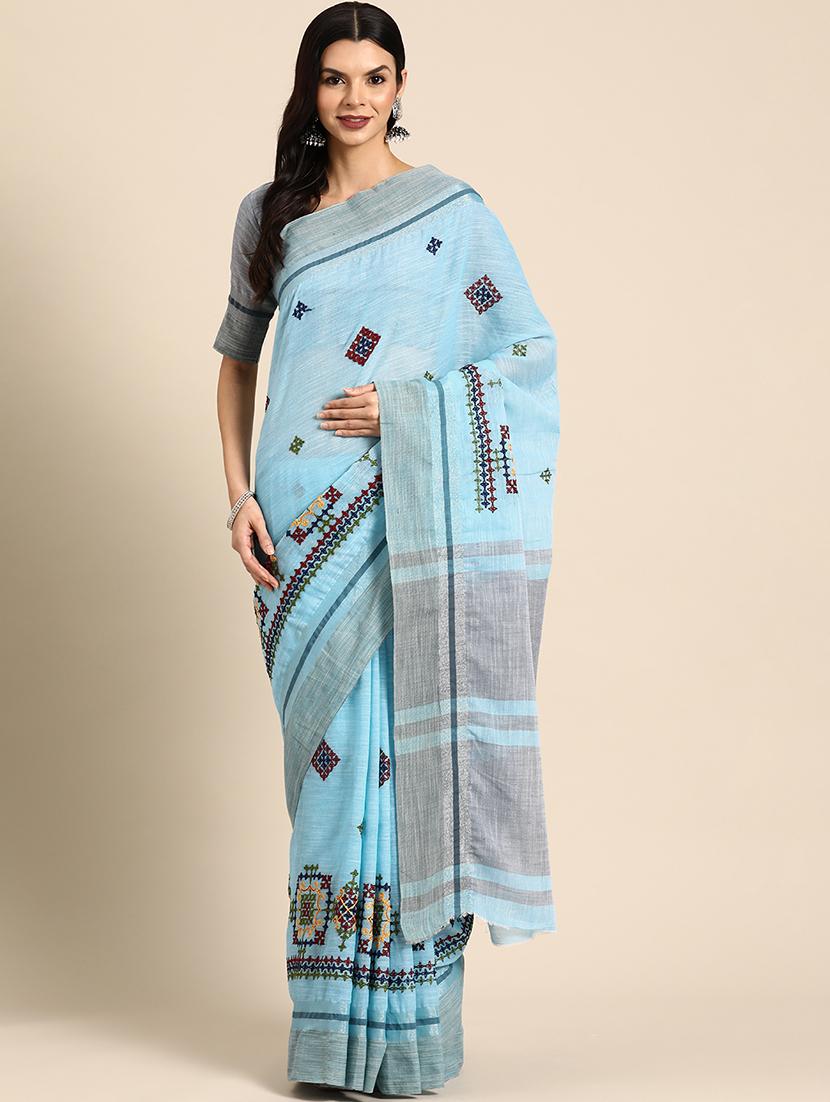 women light blue embroidered saree with blouse - 20604328 -  Standard Image - 1