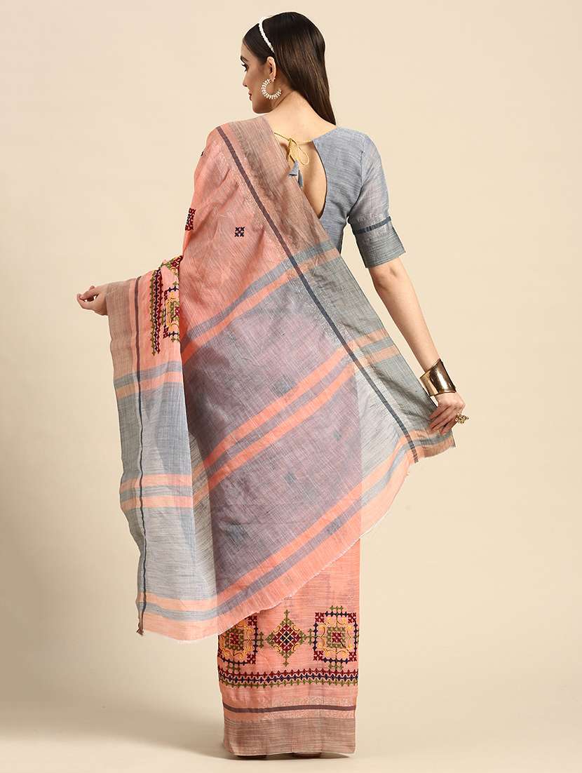 women peach embroidered saree with blouse - 20604338 - Standard Image - 1