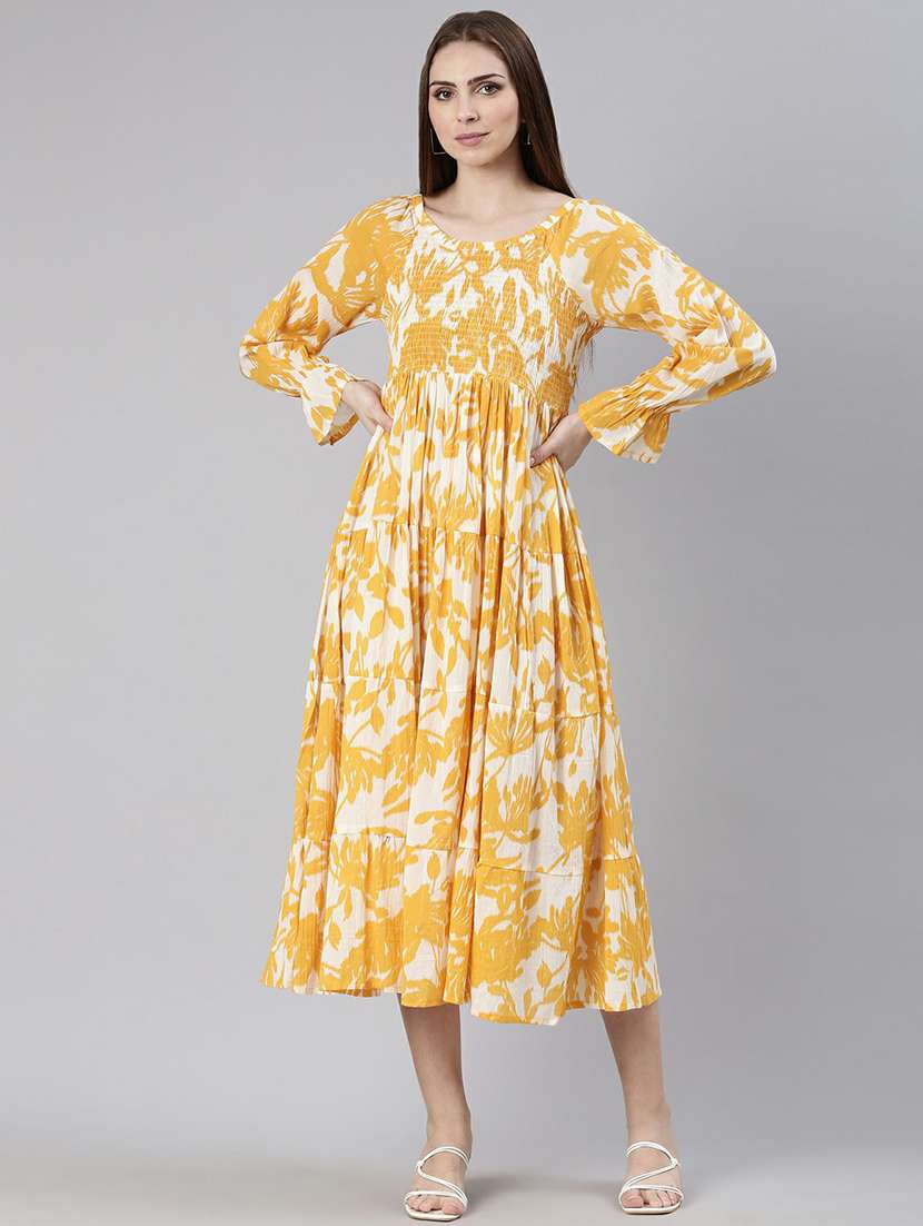 women mustard & white printed tiered dress