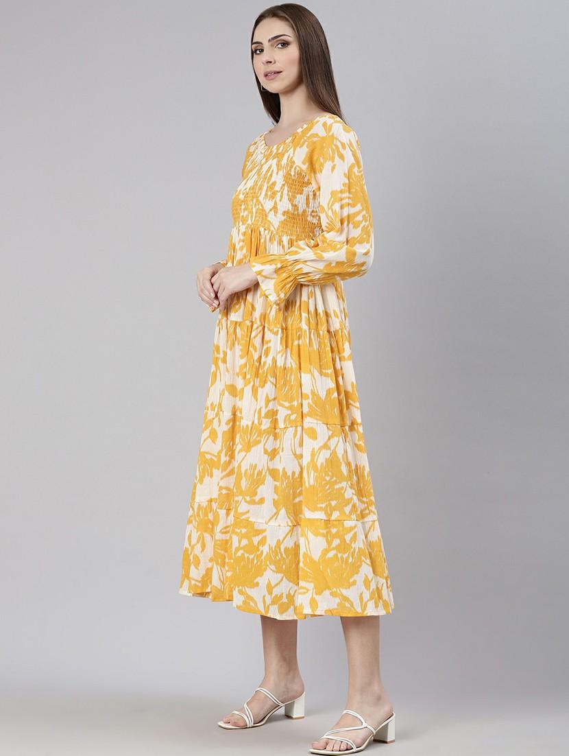 women mustard & white printed tiered dress - 20605229 - Standard Image - 1