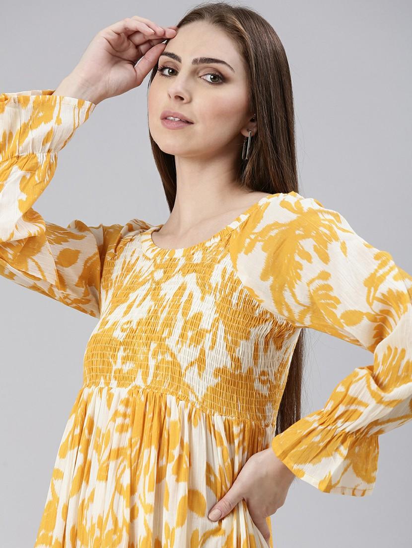 women mustard & white printed tiered dress - 20605229 - Standard Image - 4