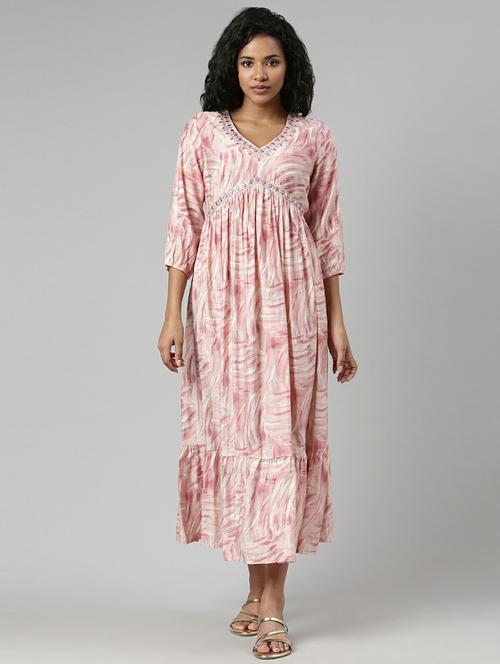 women mauve & white printed fit & flare dress - 20605230 -  Standard Image - 0