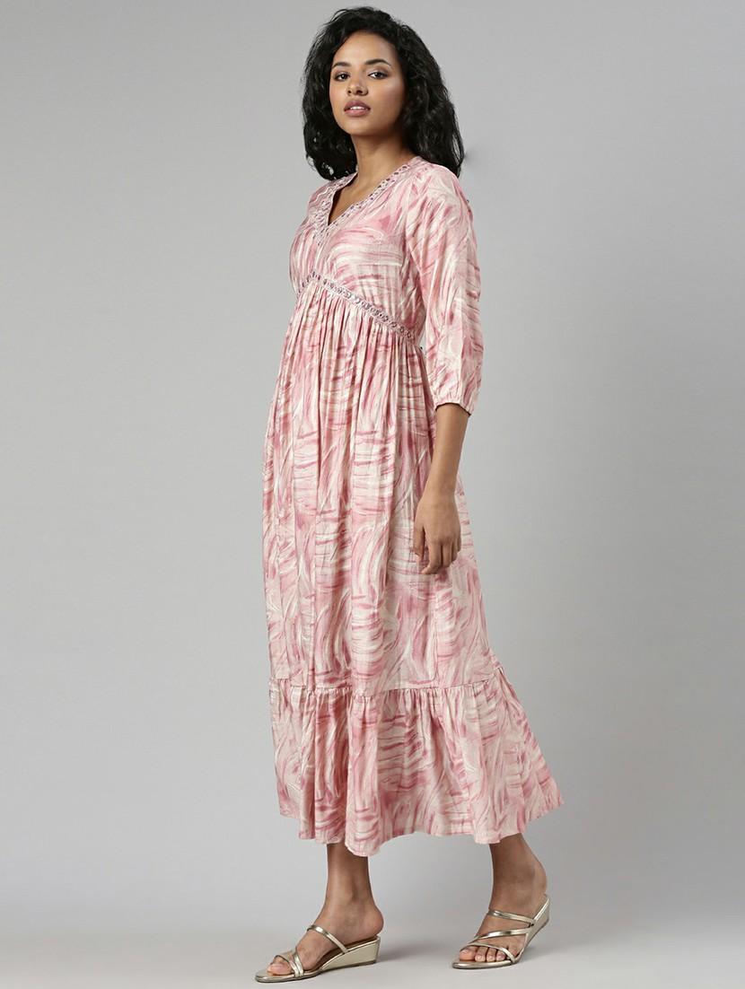 women mauve & white printed fit & flare dress - 20605230 -  Standard Image - 1