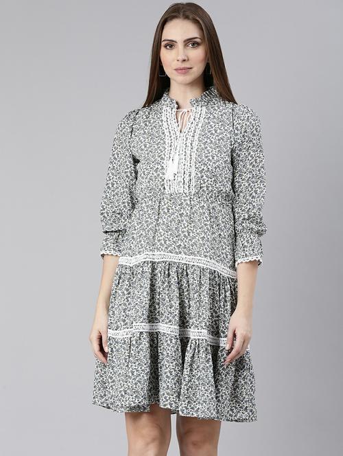 women printed tie-up neck fit & flare mini dress - 20605240 -  Standard Image - 0