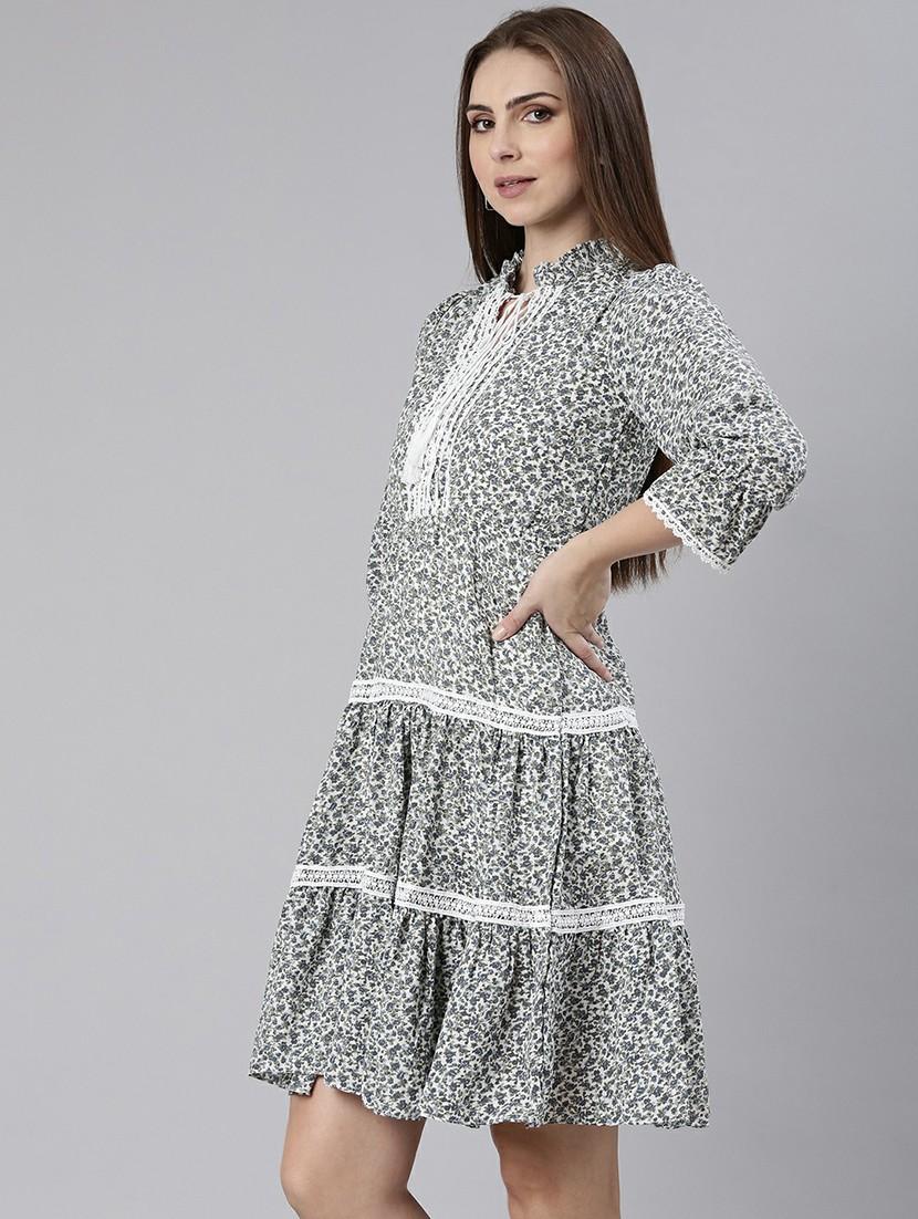 women printed tie-up neck fit & flare mini dress - 20605240 - Standard Image - 1