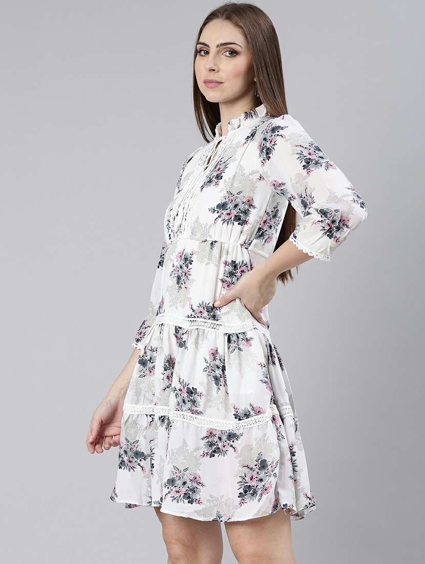 women printed tie-up neck fit & flare mini dress - 20605241 -  Standard Image - 1