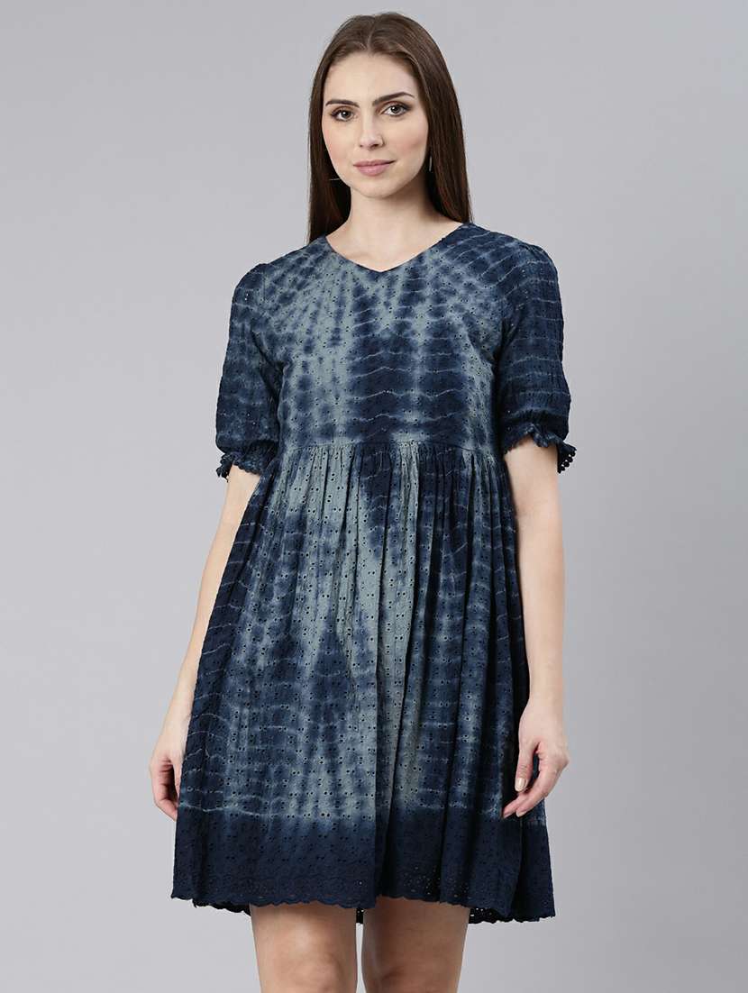 women navy blue tie-dye a-line dress