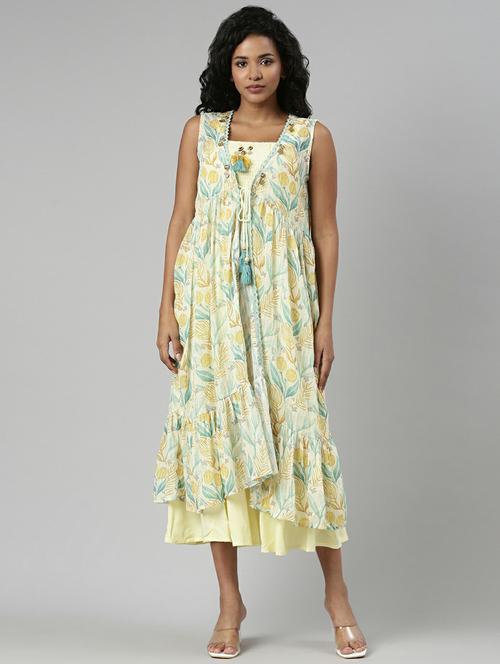 women yellow fit & flare dress with printed outer - 20605245 -  Standard Image - 0