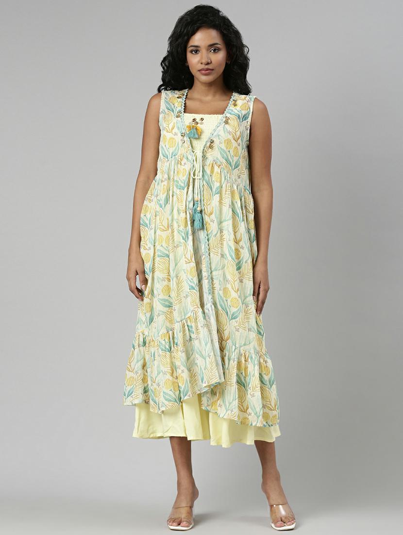 women yellow fit & flare dress with printed outer - 20605245 -  Zoom Image - 0