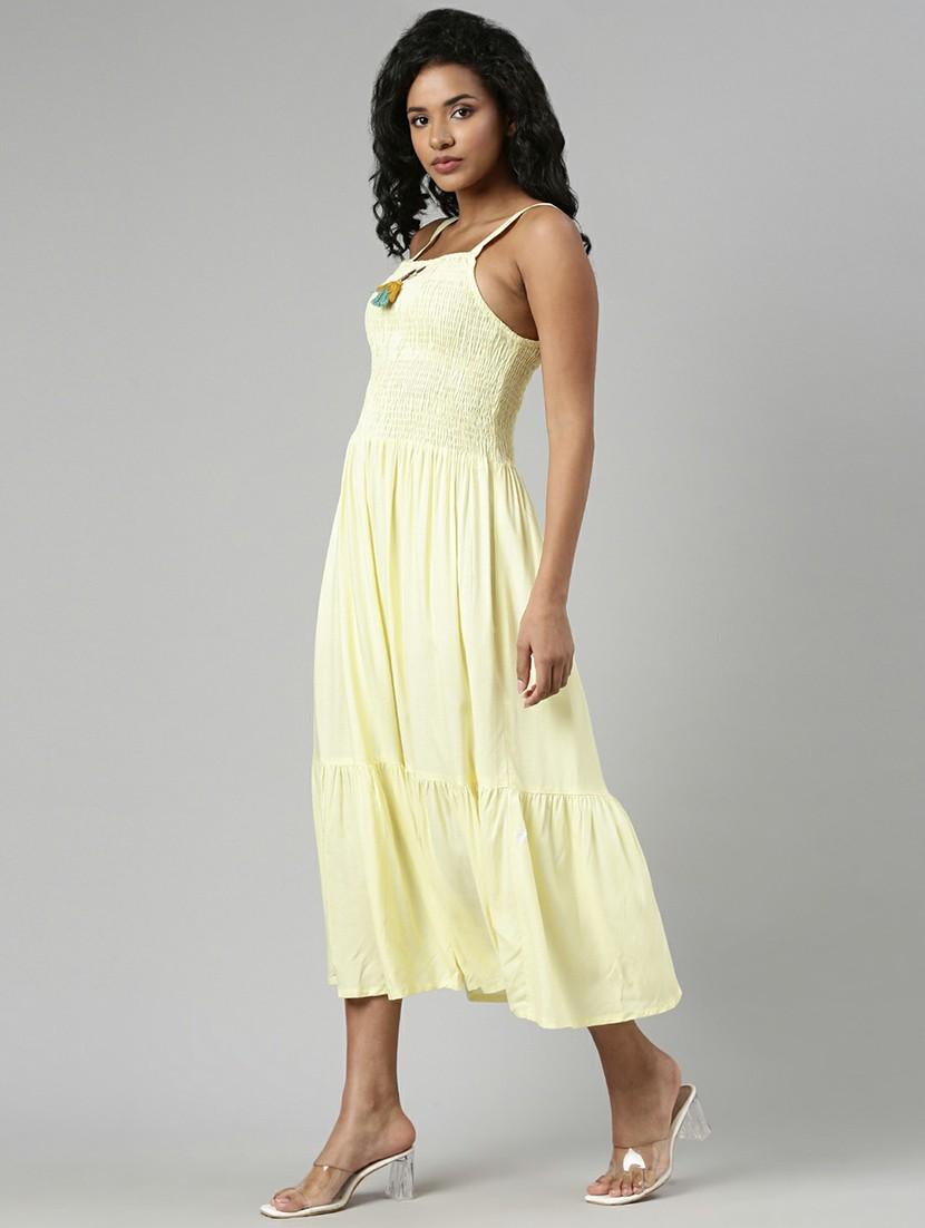 women yellow fit & flare dress with printed outer - 20605245 -  Standard Image - 1