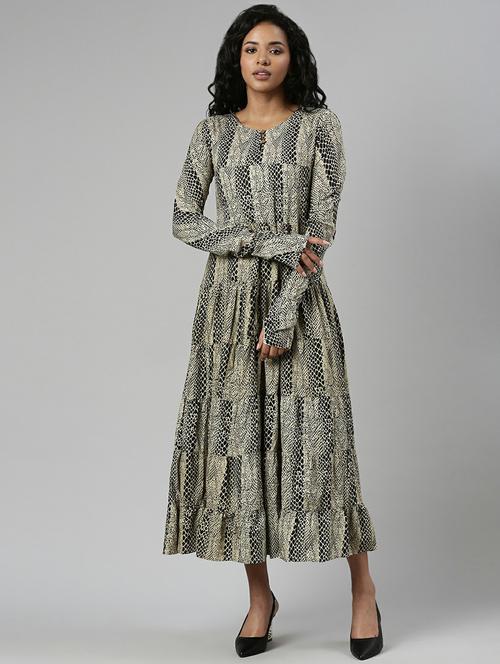women beige & black printed fit & flare dress - 20605247 - Standard Image - 0