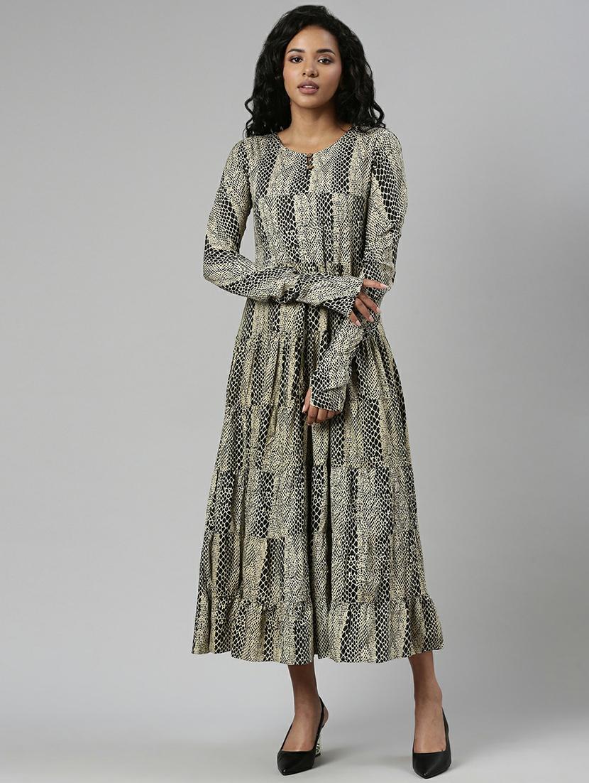 women beige & black printed fit & flare dress - 20605247 - Zoom Image - 0
