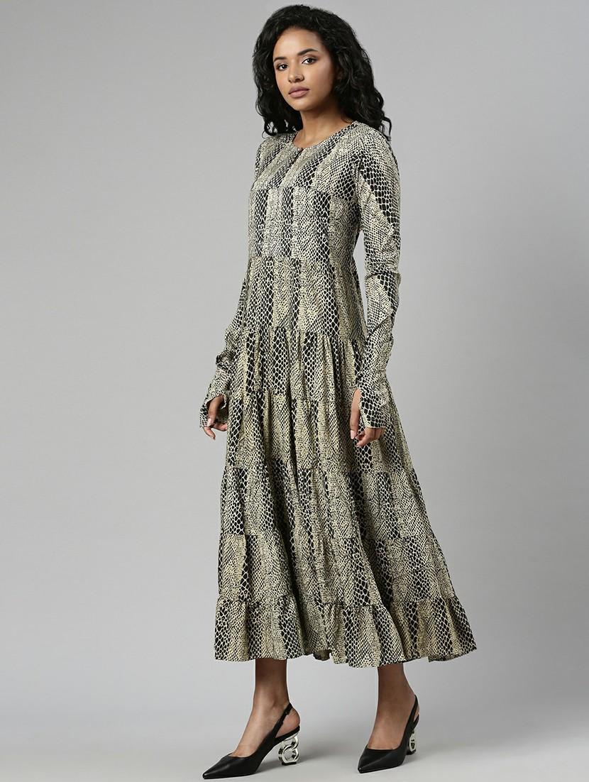 women beige & black printed fit & flare dress - 20605247 -  Standard Image - 1