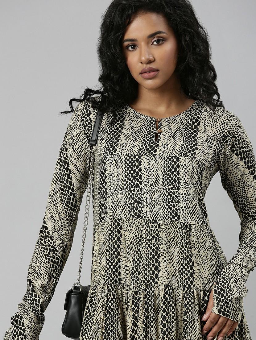 women beige & black printed fit & flare dress - 20605247 - Standard Image - 4