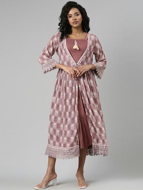 women mauve fit & flare dress with printed outer - 20605251 - Standard Image - 0