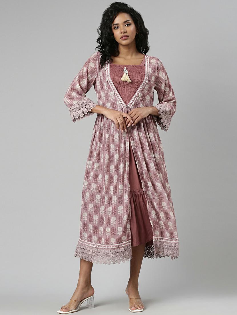 women mauve fit & flare dress with printed outer - 20605251 - Zoom Image - 0