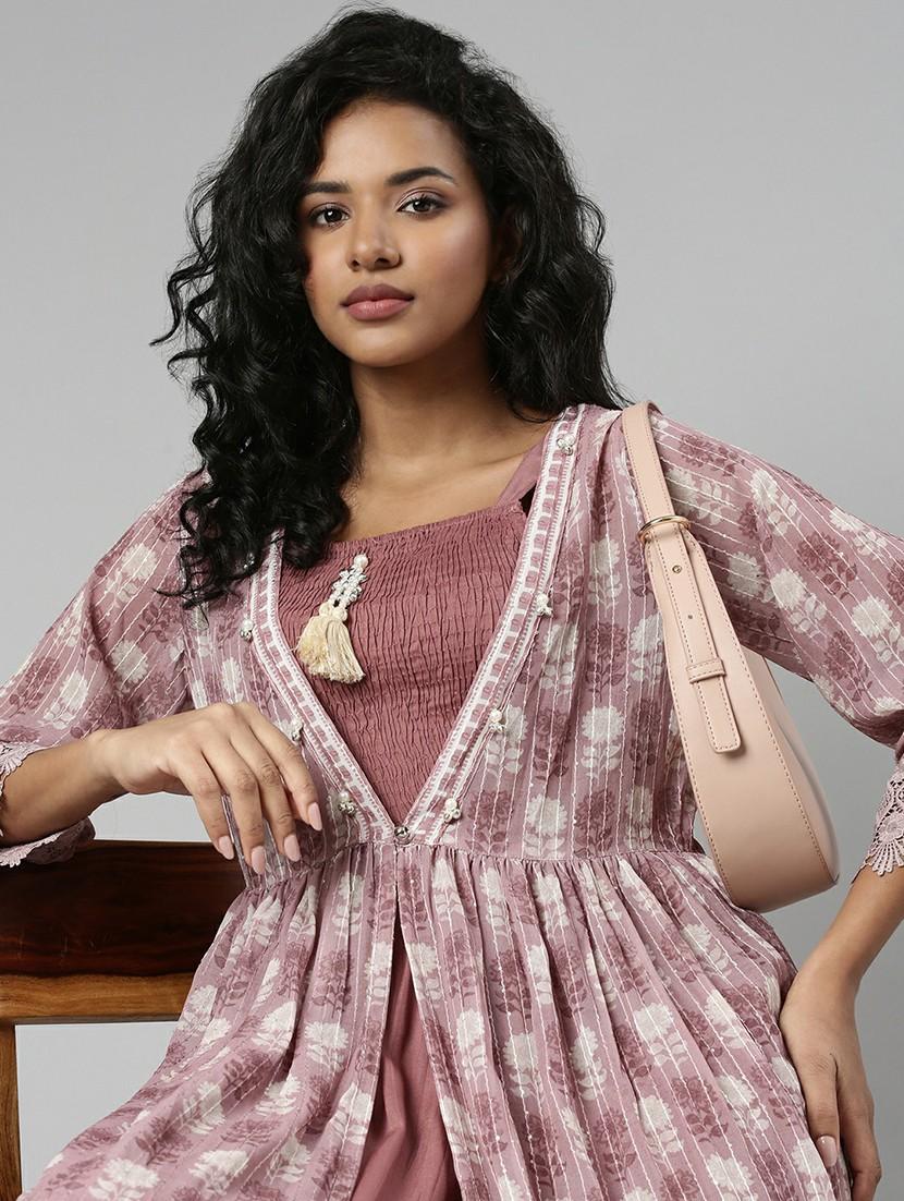 women mauve fit & flare dress with printed outer - 20605251 - Standard Image - 4