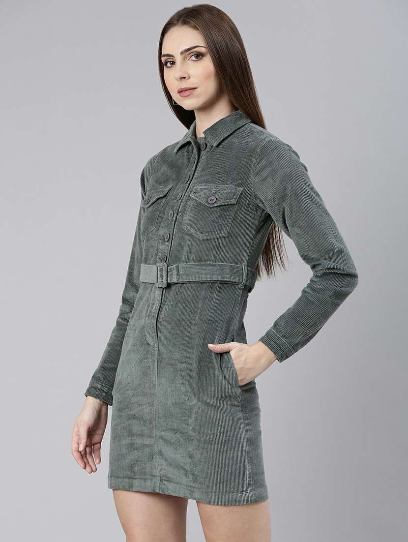 women teal grey corduroy mini shirt dress - 20605254 -  Standard Image - 1