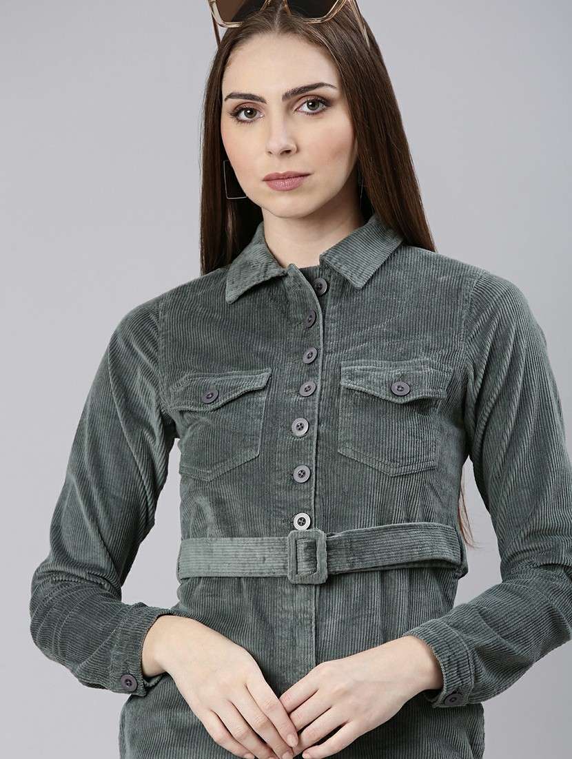 women teal grey corduroy mini shirt dress - 20605254 -  Standard Image - 4
