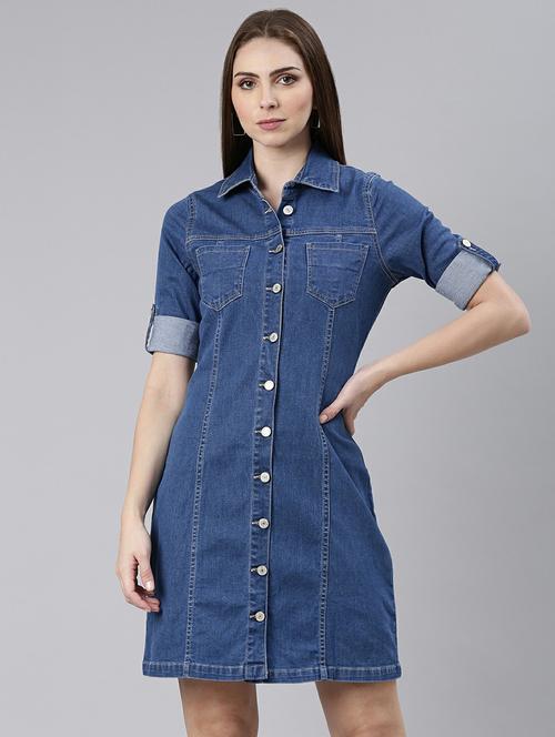 women blue solid mini shirt dress - 20605258 -  Standard Image - 0
