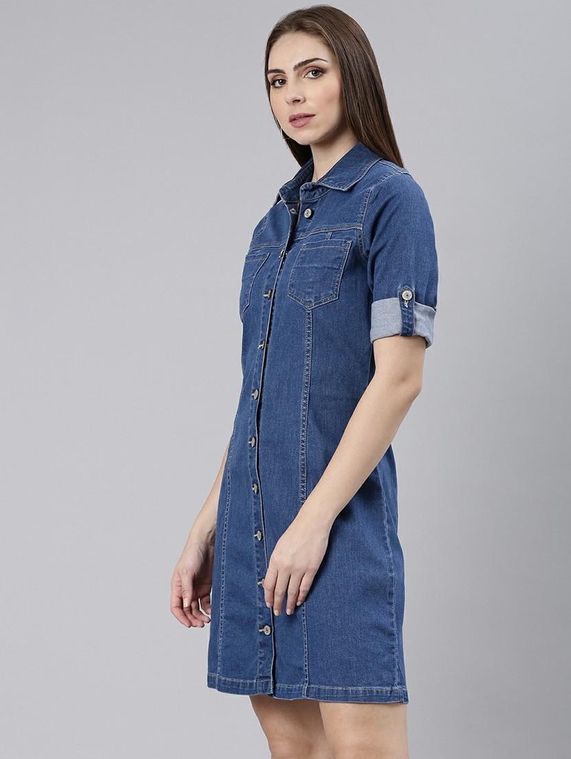 women blue solid mini shirt dress - 20605258 -  Standard Image - 1