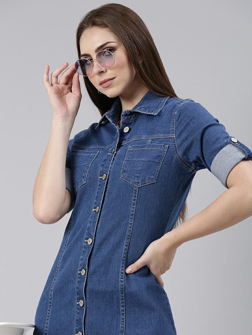 women blue solid mini shirt dress - 20605258 - Standard Image - 4