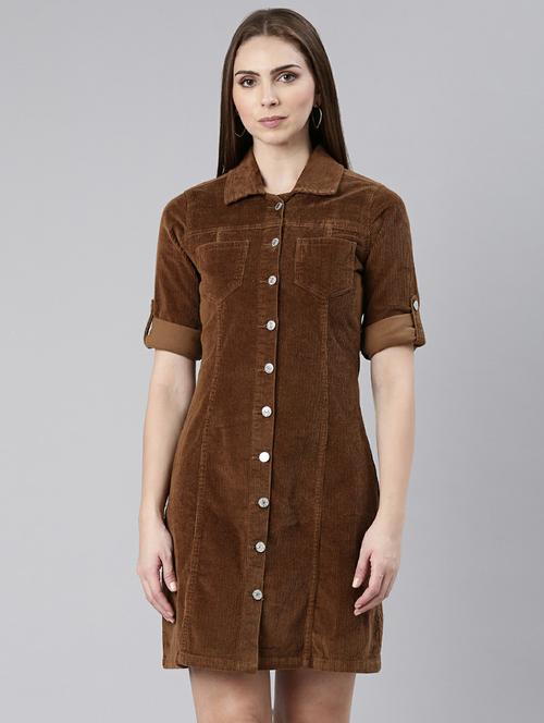 women brown corduroy mini shirt dress - 20605261 -  Standard Image - 0