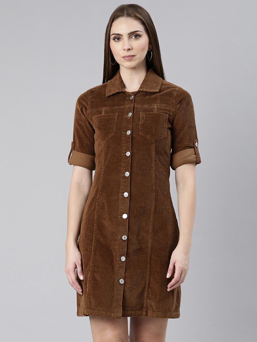 women brown corduroy mini shirt dress - 20605261 -  Zoom Image - 0