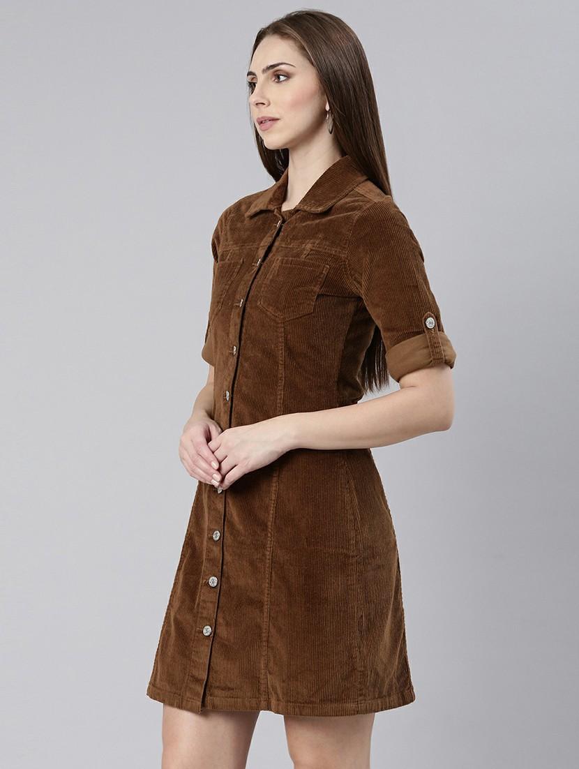 women brown corduroy mini shirt dress - 20605261 - Standard Image - 1
