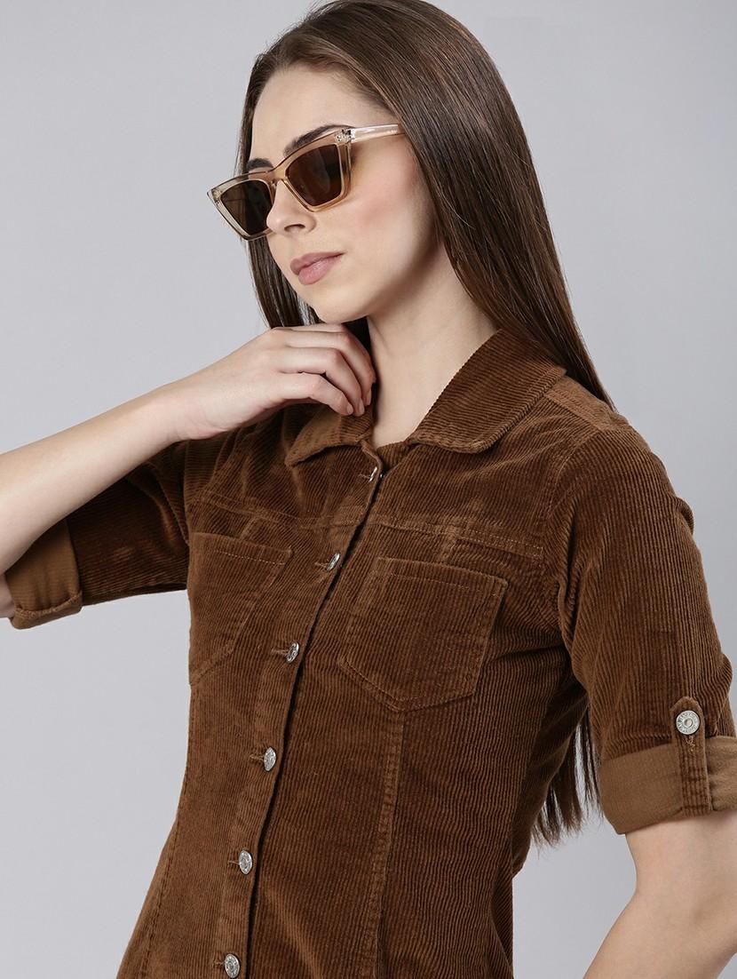 women brown corduroy mini shirt dress - 20605261 - Standard Image - 4