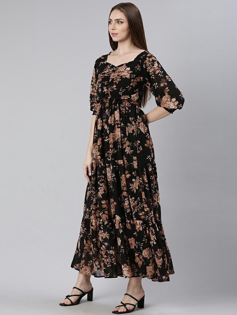 women black floral print fit & flare maxi dress - 20605271 - Standard Image - 1