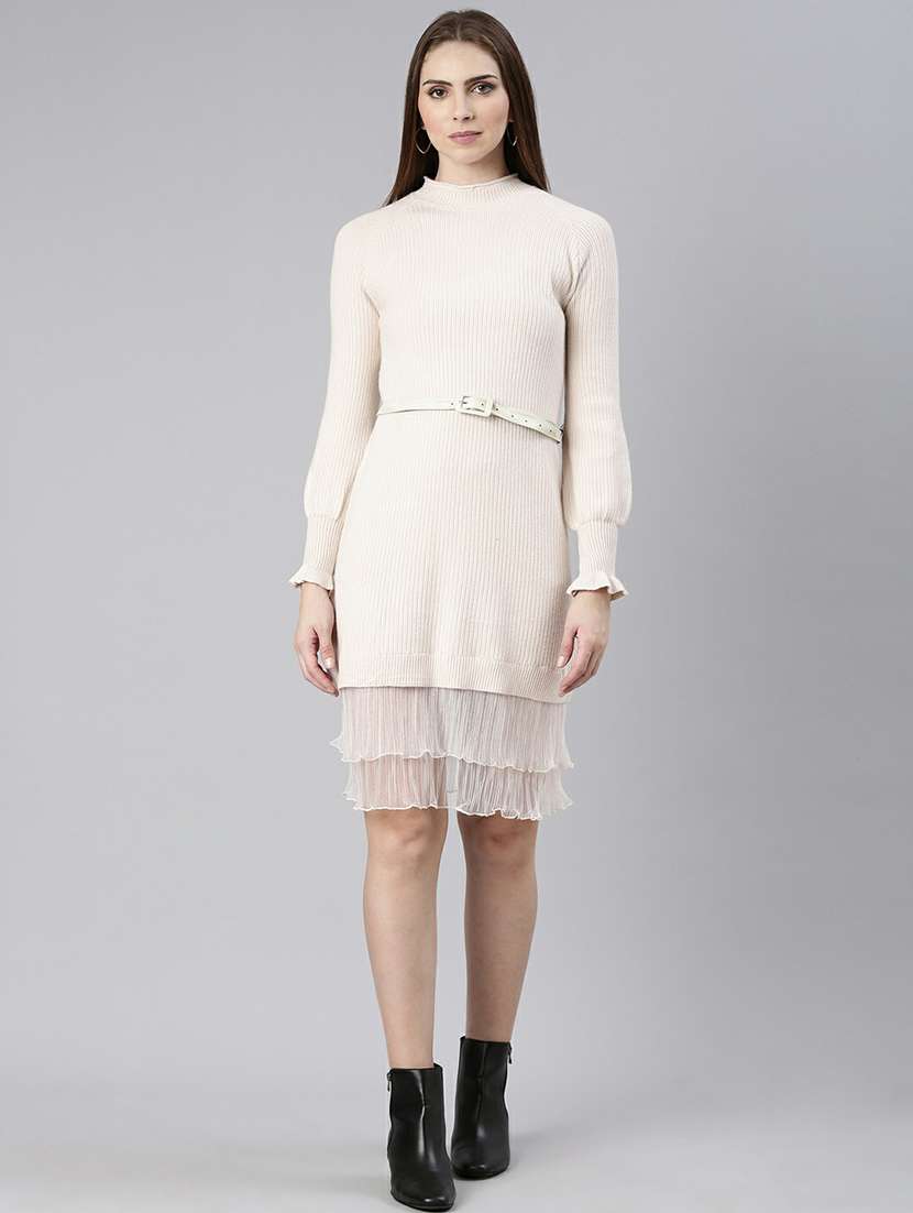 women cream high neck bodycon dress