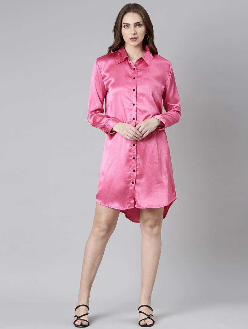 women pink satin shirt dress