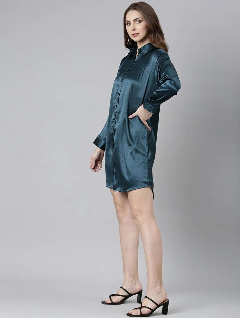 women teal blue satin shirt dress - 20605288 -  Standard Image - 1