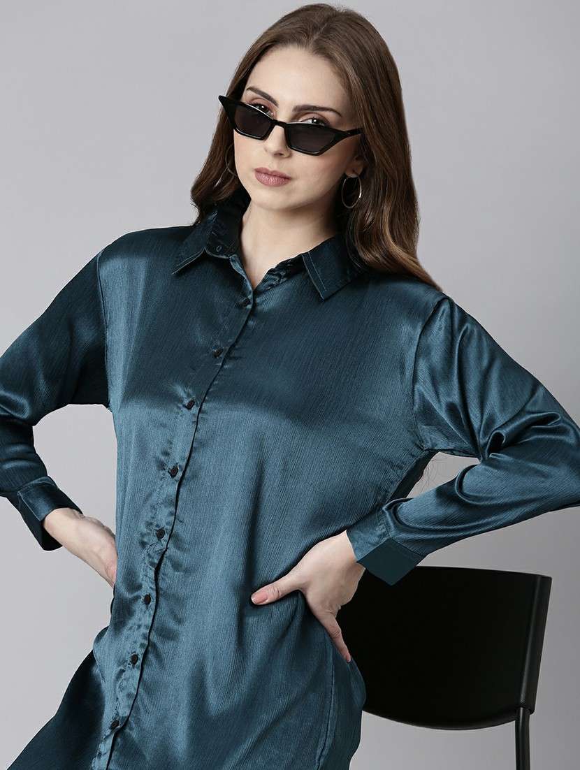 women teal blue satin shirt dress - 20605288 -  Standard Image - 4