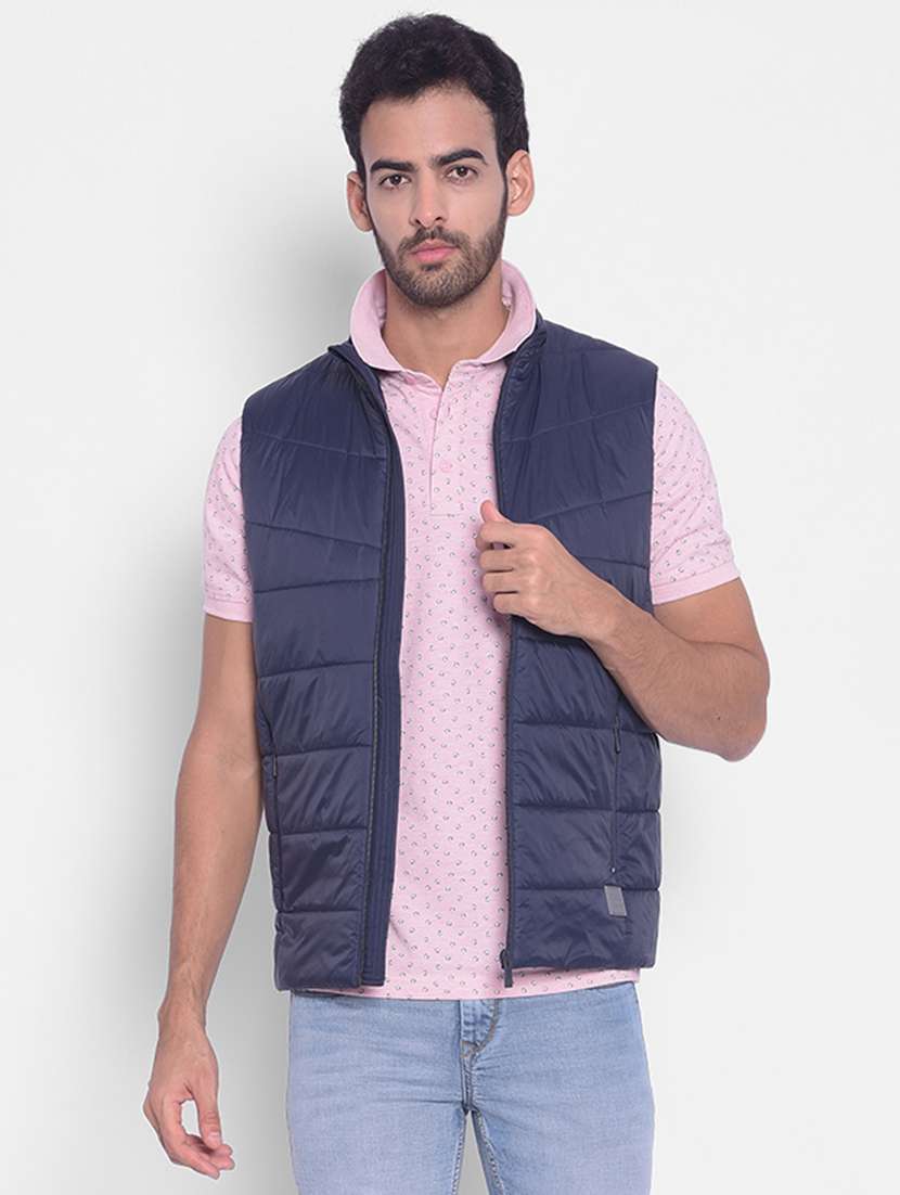 men solid blue sleeveless quilted jacket