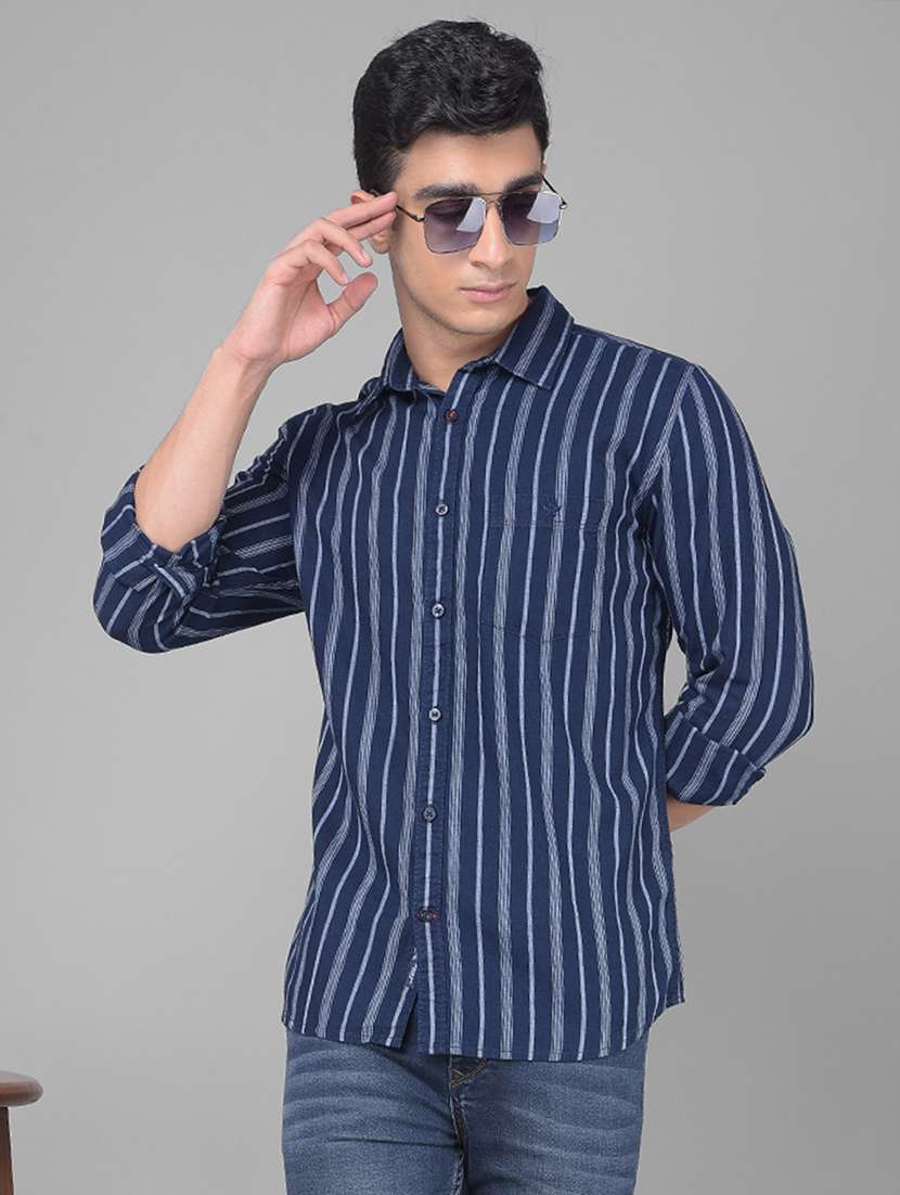 men navy blue striped casual shirt