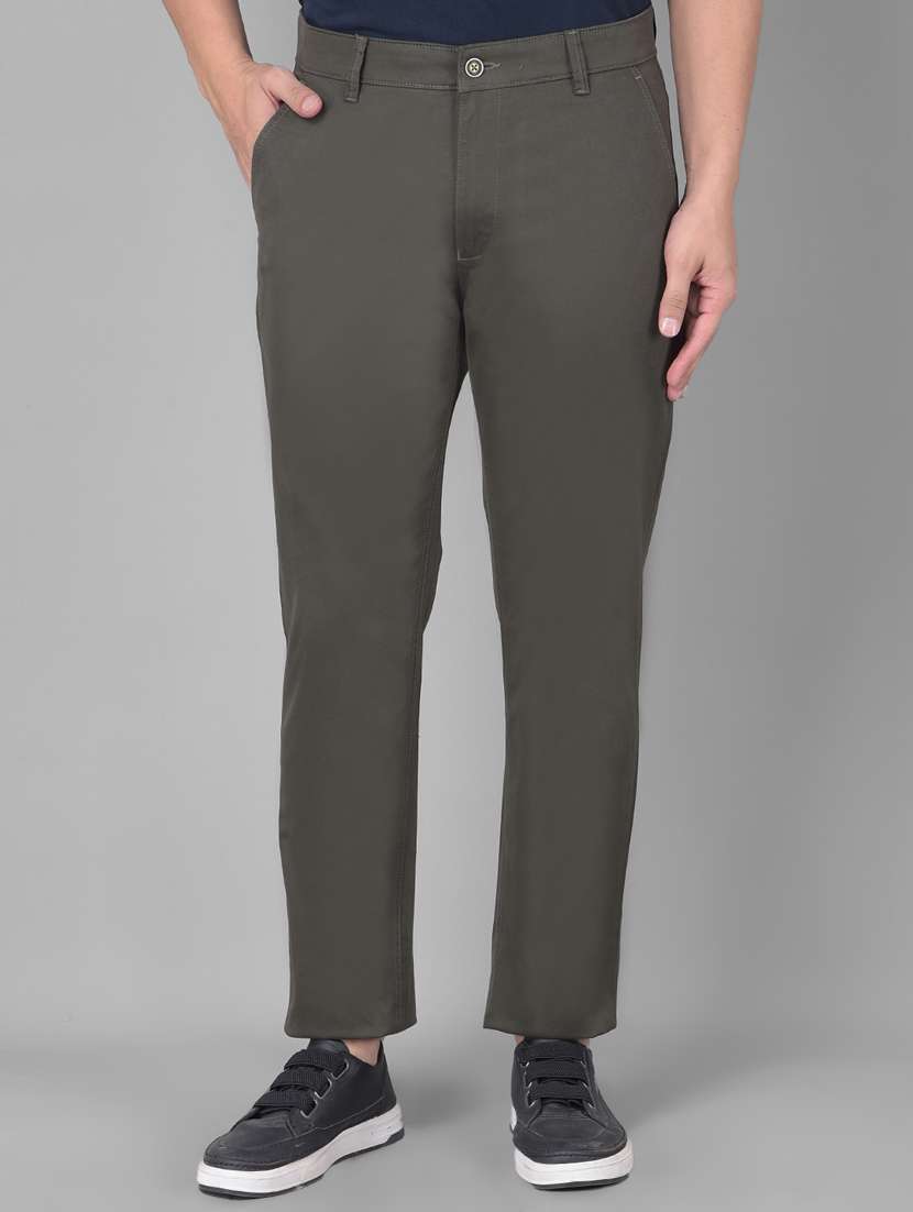 men dark olive flat front casual trousers