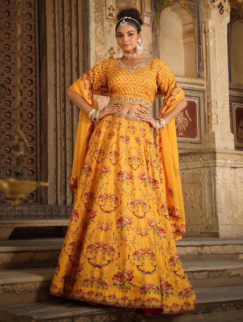 mustard floral flared stitched lehnga - 20605483 -  Standard Image - 0