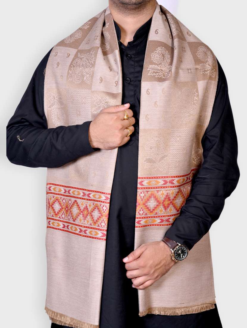 unisex taupe wool blend printed shawl - 20605577 -  Standard Image - 1