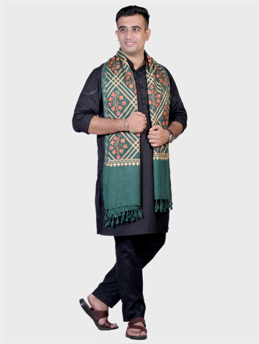 unisex green embroidered wool blend shawl - 20605592 -  Standard Image - 1