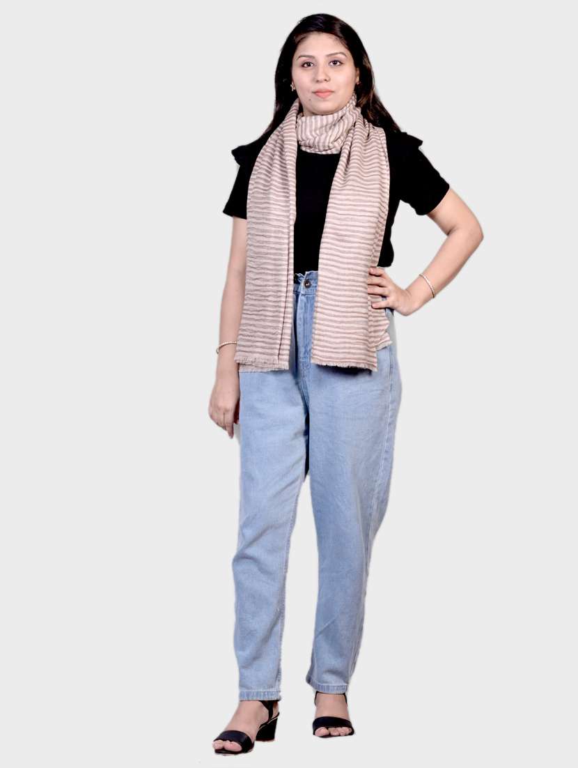 beige self designed wool stole - 20605656 - Standard Image - 1
