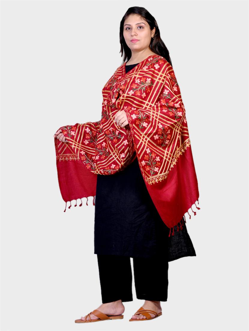 unisex red embroidered wool stole - 20605953 - Standard Image - 1