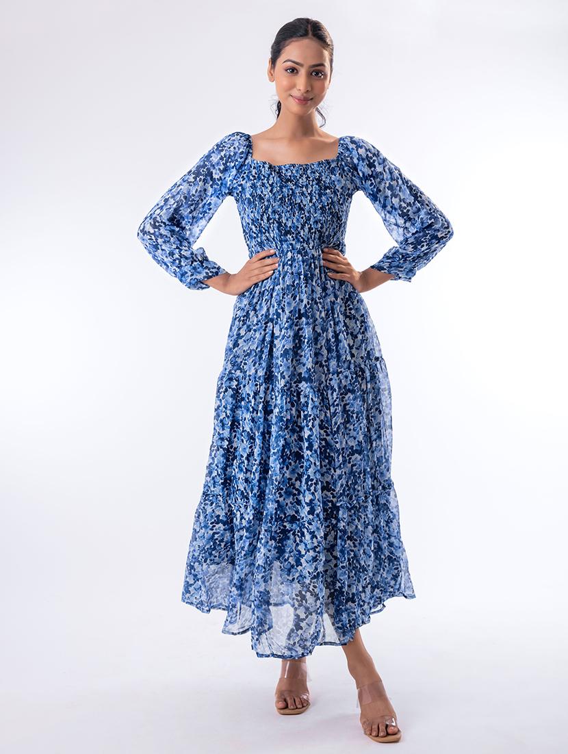 women blue printed flared maxi dress - 20609168 - Standard Image - 1