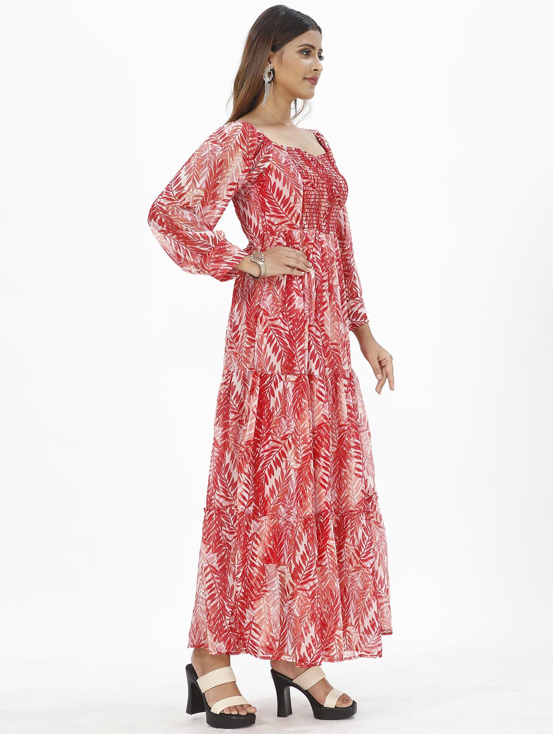 men red leaf print flared maxi dress - 20609172 - Standard Image - 1