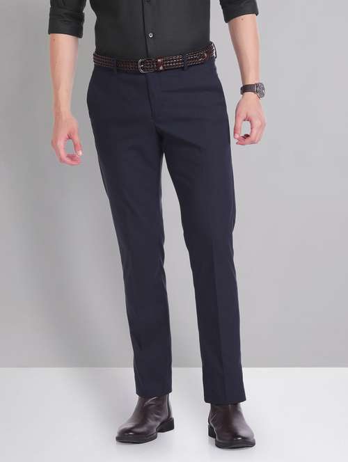 men navy blue slim fit formal trousers