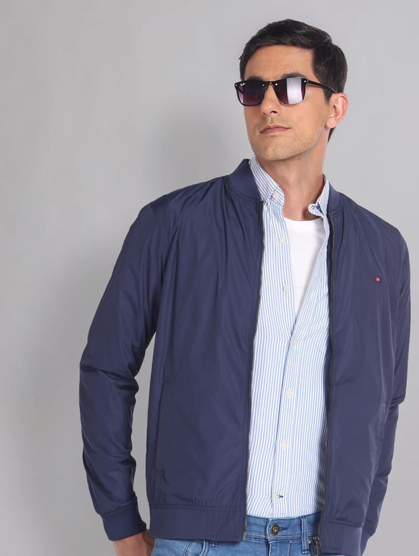men solid blue bomber jacket - 20609191 -  Zoom Image - 0