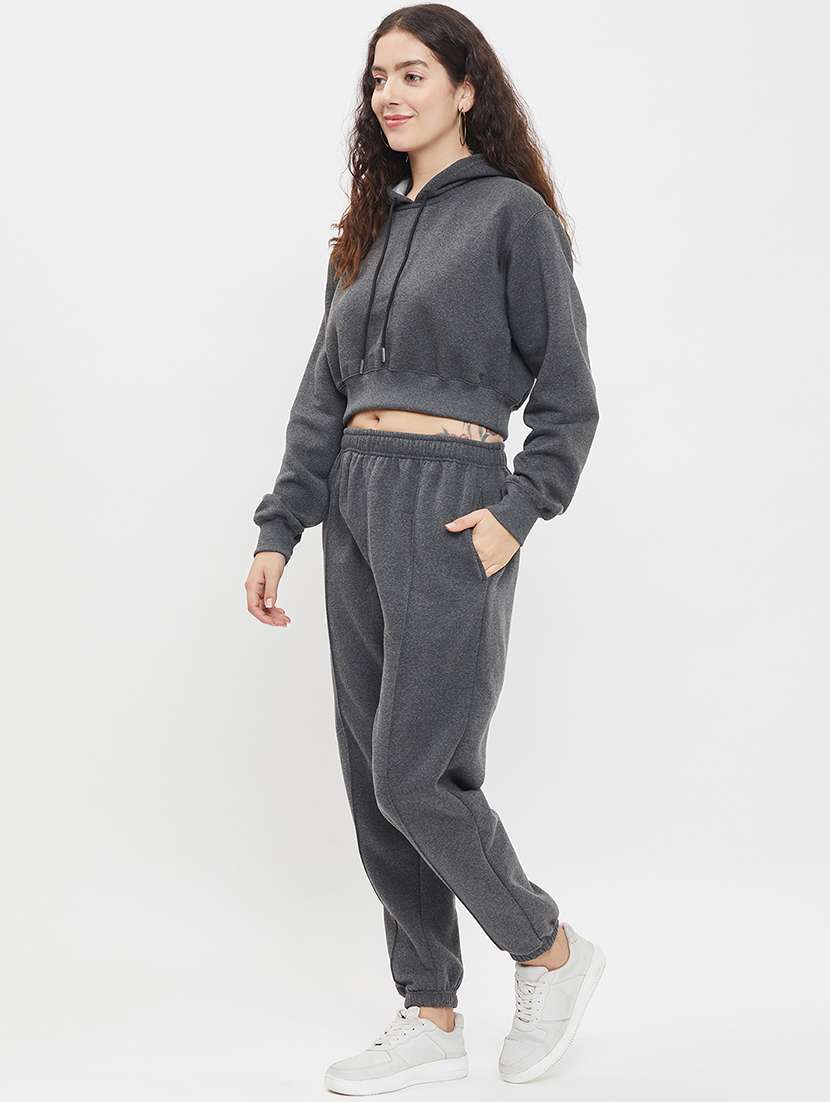 women grey melange fleece co-ord set - 20609270 -  Standard Image - 1