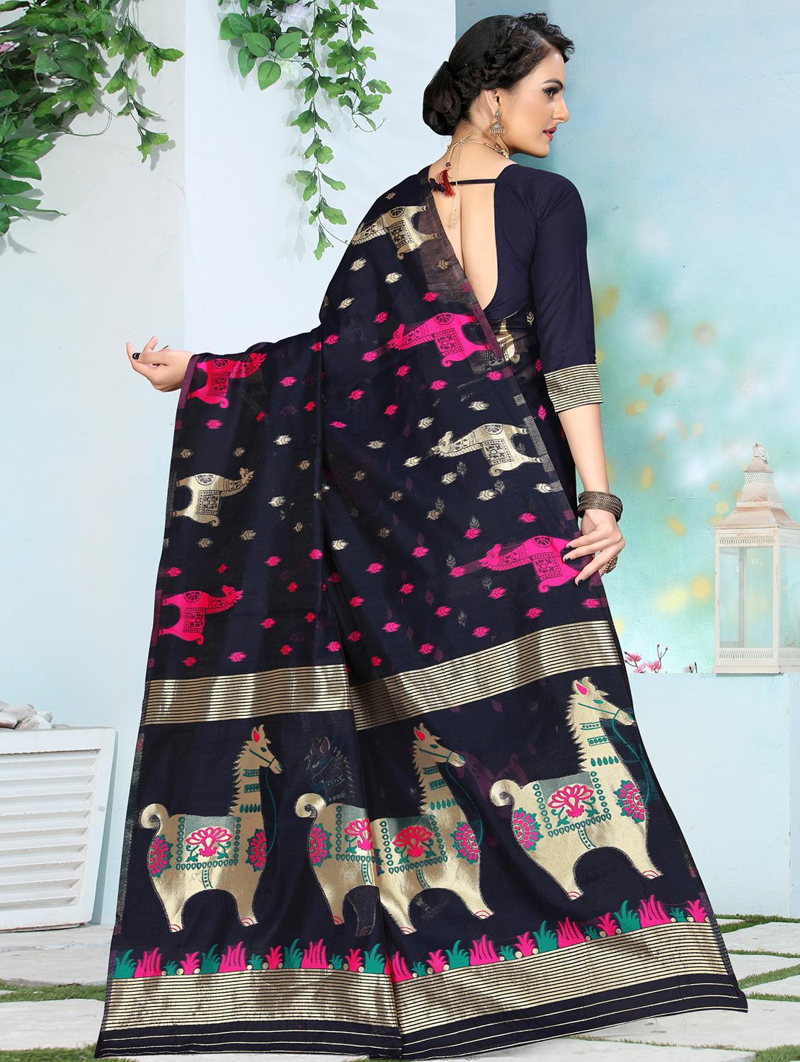 navy blue self design paithani saree with blouse - 20610185 - Standard Image - 1